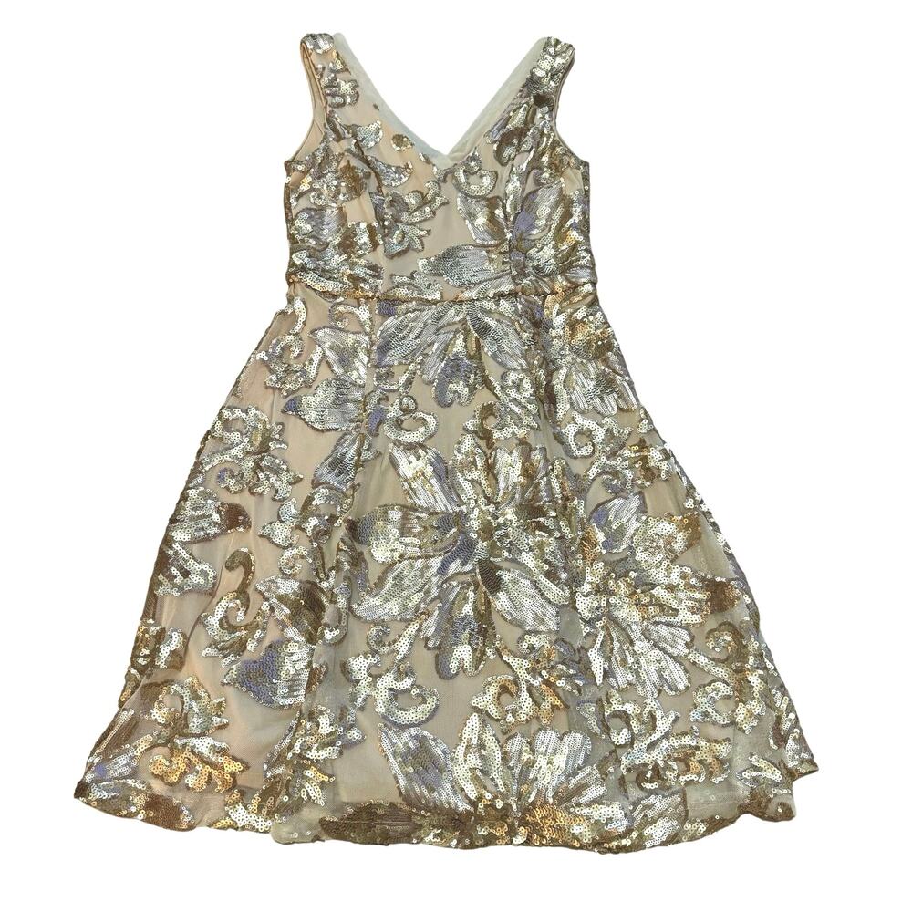 MARINA Ivory and Gold Sequin Floral Midi Dress